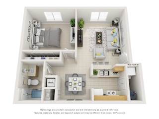 A 3D floor plan of a small apartment with a kitchen, living room, and bathroom.