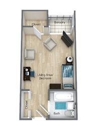 A diagram of a small apartment layout with a living area, bedroom, and bathroom.