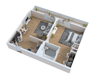 A 3D rendered image of a house layout.