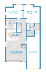 A floor plan of a house with two bedrooms, a garage, a kitchen, a dining room, and a bathroom.
