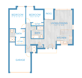 A floor plan of a house with two bedrooms, a garage, a kitchen, a dining room, and a patio.