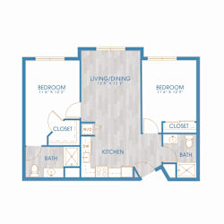A floor plan of a house with two bedrooms, a living/dining area, a kitchen, two bathrooms, and two closets.