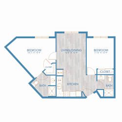 A diagram of a house layout with two bedrooms, a living/dining area, a kitchen, two bathrooms, and closets.