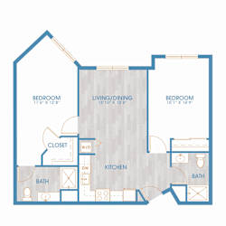 A blue and white floor plan of a house with two bedrooms, a living/dining area, a kitchen, two bathrooms, and a closet.