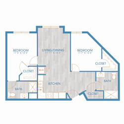 A floor plan of a home with three bedrooms, a living/dining area, a kitchen, a bath, and two closets.