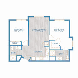 A floor plan of a house with two bedrooms, a living/dining area, a kitchen, and two bathrooms.
