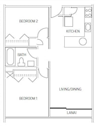 2 Bed 1 Bath Floor Plan with 660 Sq. Ft. at Waikele Towers, Waipahu, HI, 96797