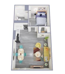 A dollhouse with a bedroom, living room, and kitchen.