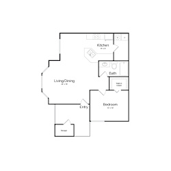 A floor plan of a home with a kitchen, living/dining area, bathroom, bedroom, and storage space.