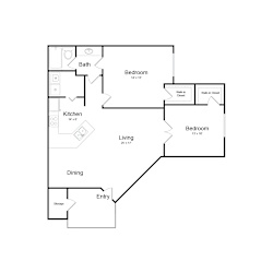 A floor plan of a home with a living room, dining room, kitchen, two bedrooms, a bathroom, and storage.
