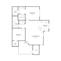 A floor plan of a house with a living room, two bedrooms, two bathrooms, a kitchen, and storage.