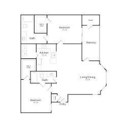 A floor plan of a house with two bedrooms, a living/dining area, a kitchen, a bath, a balcony, and storage.