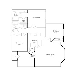A floor plan of a house with three bedrooms, a kitchen, a living/dining area, and a pantry.