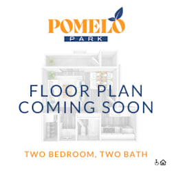 A poster advertising a floor plan for a two bedroom, two bath apartment at Pomelo Park.