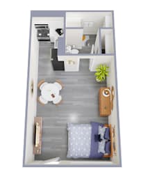 A top down view of a bedroom with a bed, nightstand, and a plant.