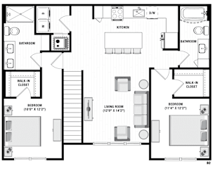A floor plan of a house with two bedrooms, a living room, a kitchen, and two bathrooms.