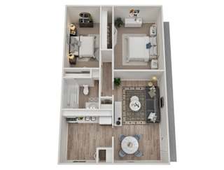 A top-down view of a small apartment with a kitchen, living room, and bathroom.