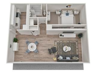 A top-down view of a living room with a couch, coffee table, and a rug.