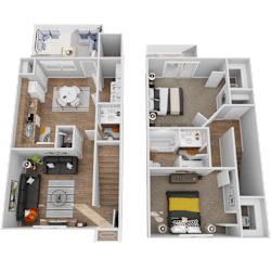 Two images of a floor plan of a house with a living room and kitchen on the left and a bedroom with a bathroom on the right.