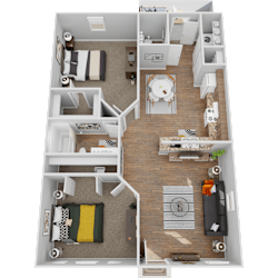A 3D floor plan of a small apartment with a living room, kitchen, and two bedrooms.