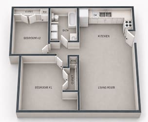 A diagram of a house layout with two bedrooms, a kitchen, a living room, and a bathroom.