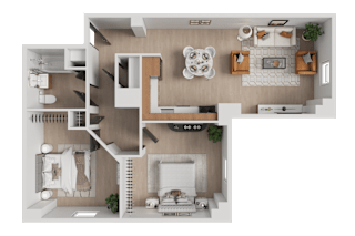 A 3D floor plan of a house with a kitchen, living room, and two bedrooms.