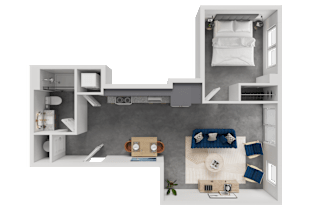 A top-down view of a small apartment layout with a kitchen, living room, and bathroom.