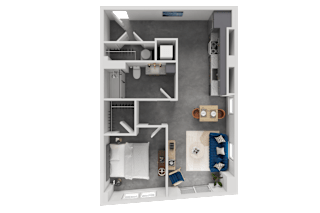 A 3D floor plan of a small apartment with a kitchen, living room, and bathroom.