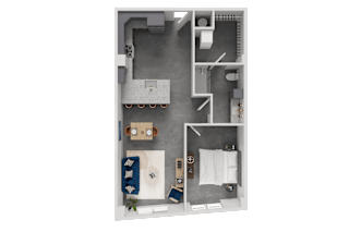 A 3D floor plan of a small apartment with a bedroom, bathroom, and kitchen.