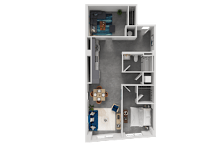 A floor plan of a small apartment with a kitchen, living room, and bedrooms.