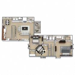 A floor plan of a two-story residential building with a kitchen, living room, and bedrooms.
