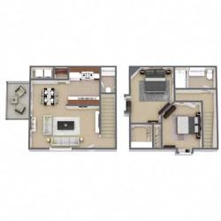Two images of a house layout with a kitchen, living room, and bedrooms.
