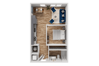 A top-down view of a small apartment with a bedroom, living room, and kitchen area.