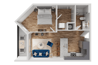 A 3D rendered image of a modern apartment layout.