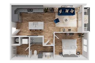A top-down view of a small apartment with a bedroom, living room, and kitchen.