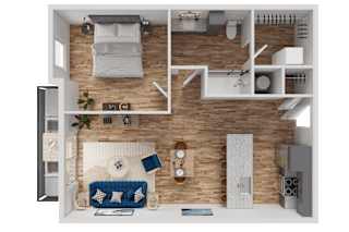 A 3D floor plan of a small apartment with a living room, kitchen, and bedroom.