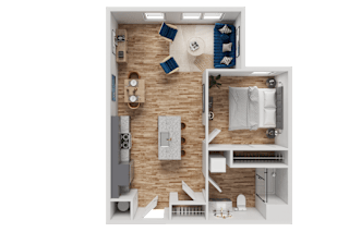 A top-down view of a small apartment with a kitchen, living room, and bathroom.