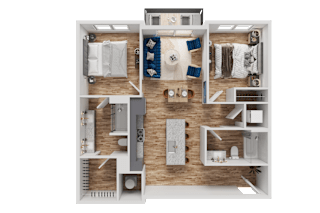 A detailed 3D floor plan of a small apartment layout.