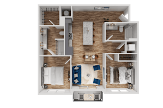 A top-down view of a small apartment layout with a kitchen, living room, and bedrooms.