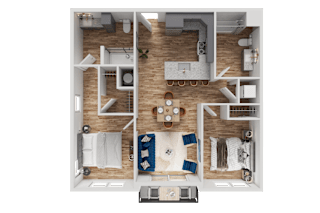 A top-down view of a small apartment with a kitchen, living room, and bathroom.