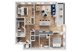 A top-down view of a well-organized apartment layout.