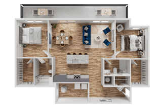 A 3D floor plan of a house layout.