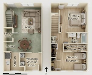 A floor plan of a home showing a living room, dining room, kitchen, and two bedrooms.