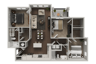 A detailed 3D floor plan of a two-story apartment.