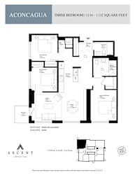 A floor plan for a three bedroom apartment sized 1116 - 1332 square feet.