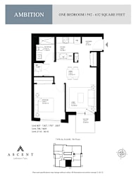 A floor plan for a one bedroom apartment sized 632 square feet.