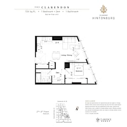 A floor plan for a 725 square foot barrier-free unit with one bedroom and one bathroom.