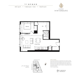 A floor plan for a 835 square foot home with one bedroom and one bathroom.