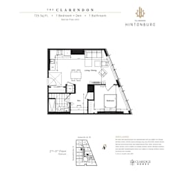 A floor plan for a 725 square foot barrier-free unit with one bedroom and one bathroom.