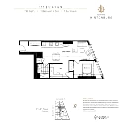A floor plan for a 780 square foot apartment with one bedroom and one bathroom.